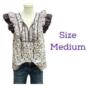 NWT! Carolina Belle Cottage Black White Purple Floral Ruffle Flutter Sleeve MED